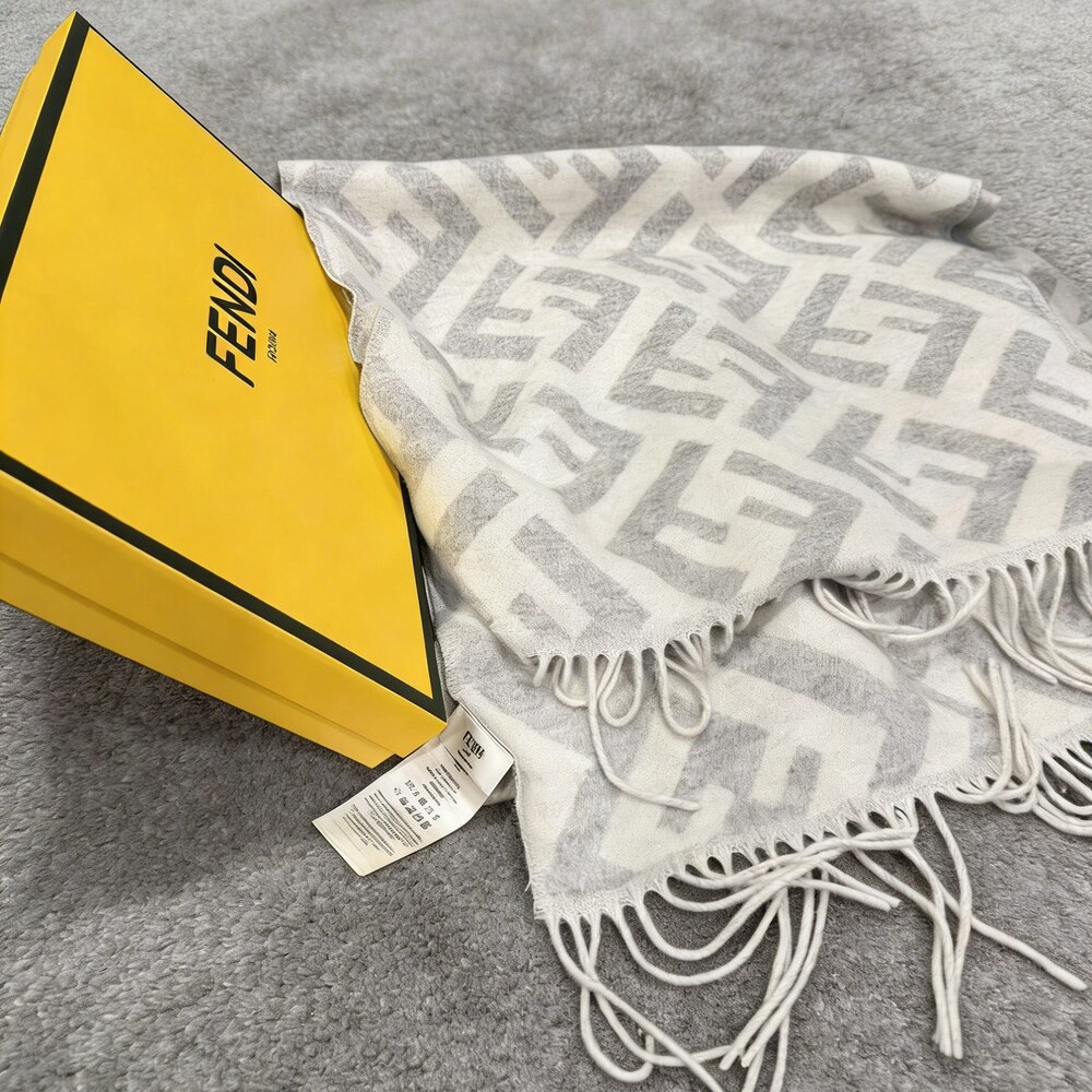 Fendi Ivory Pale Gray FF Long Fringe Scarf - Picture 2 of 4